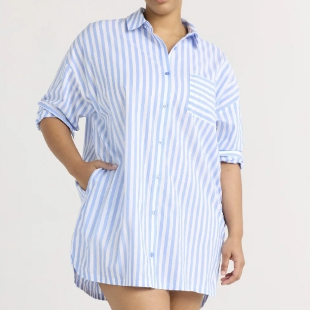 Blue and White Striped Shirt Dress